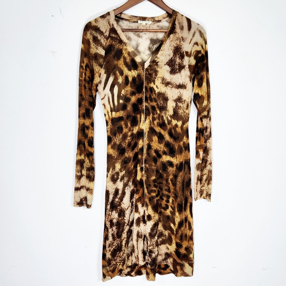 Pashma silk/cashmere animal print V-neck Long-Sleeve midi sweater dress